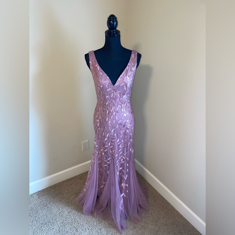 Ever Pretty Mauve colored dress, floor-length, sparkles, v-neck, wedding guest